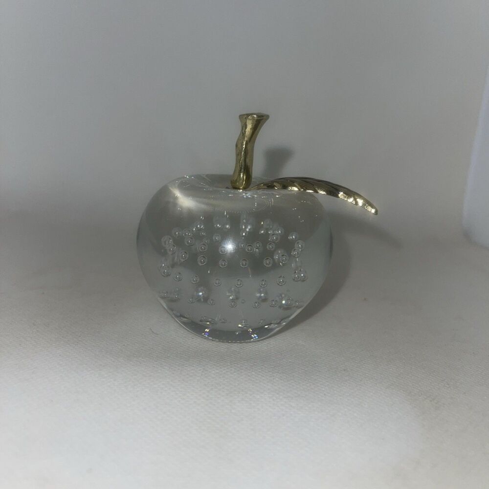 Vintage Clear Art Glass 3" Apple  Paperweight w/ Brass Leaf Accent Taiwan